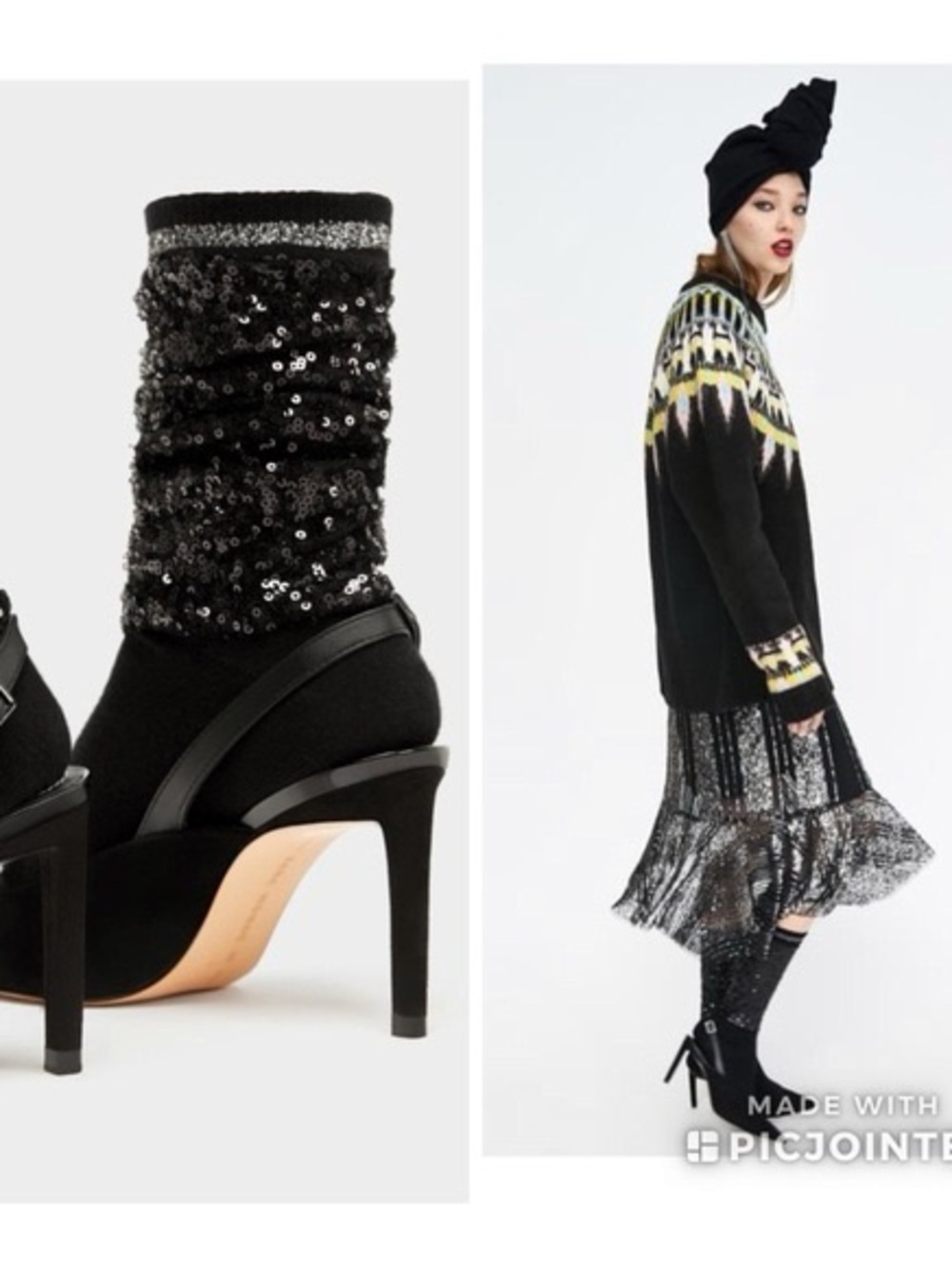 Zara Black Sequined Sock Heels with Stiletto